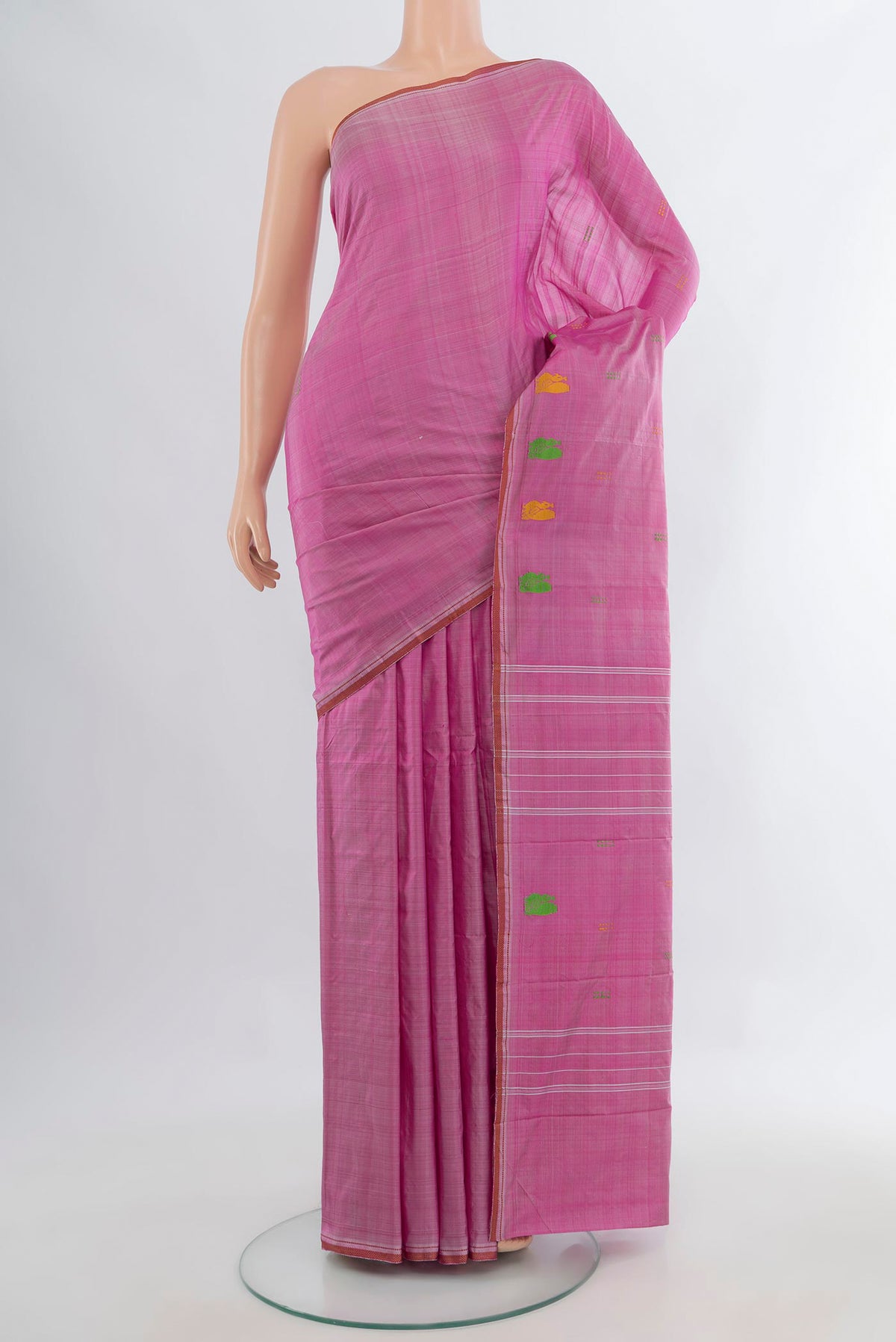Pure Silk Rose pink Kanchipuram Saree with Plain Body and Thread Border.  displayed on a mannequin