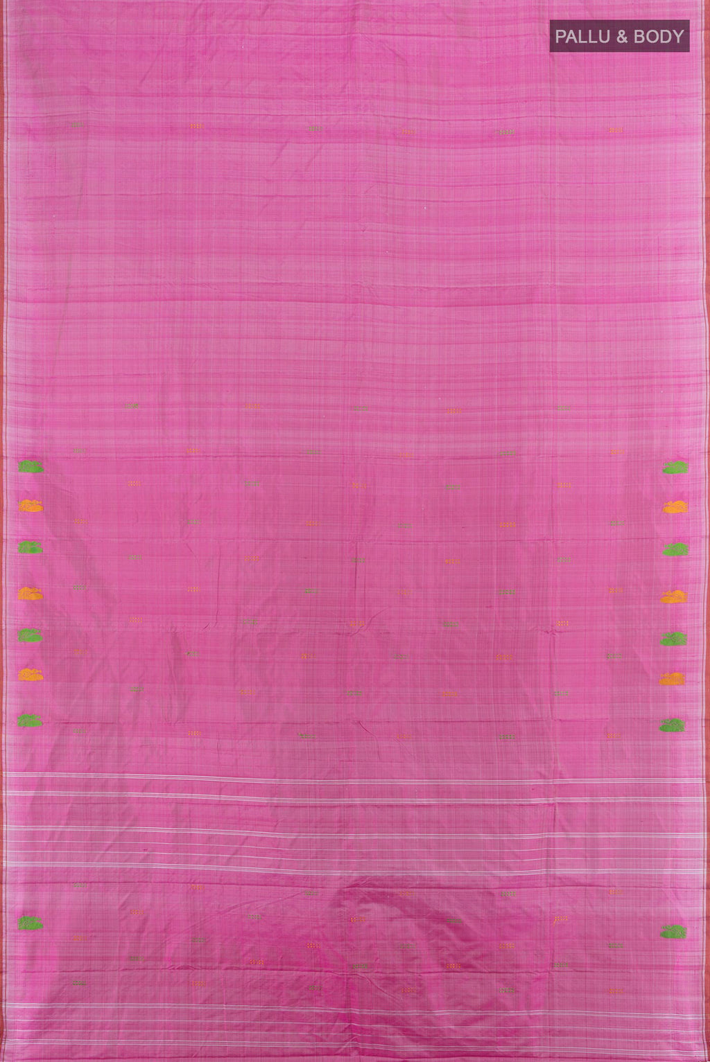 Flat view of Pure Silk Rose pink Kanchipuram Saree with Plain Body and Thread Border. 