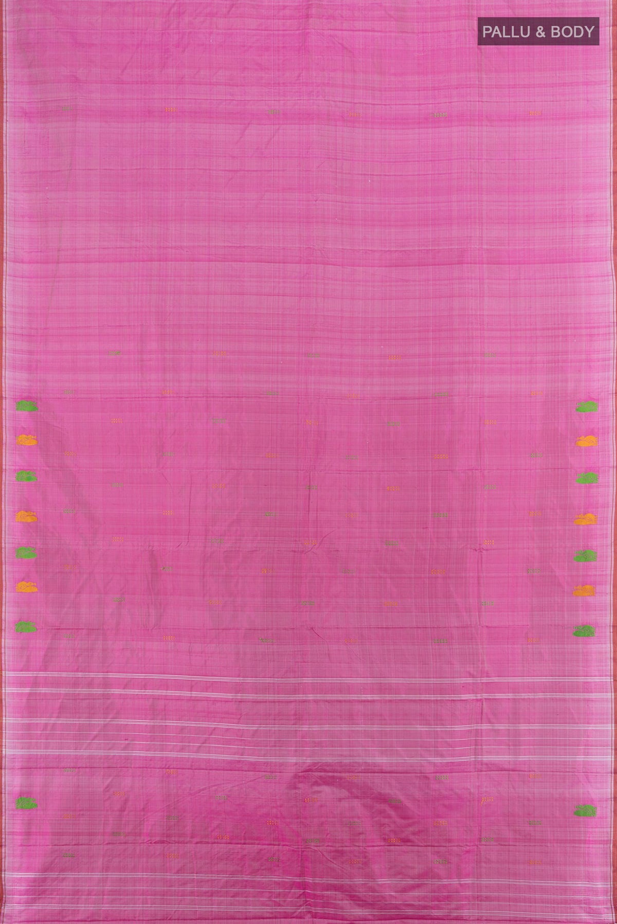 Flat view of Pure Silk Rose pink Kanchipuram Saree with Plain Body and Thread Border. 