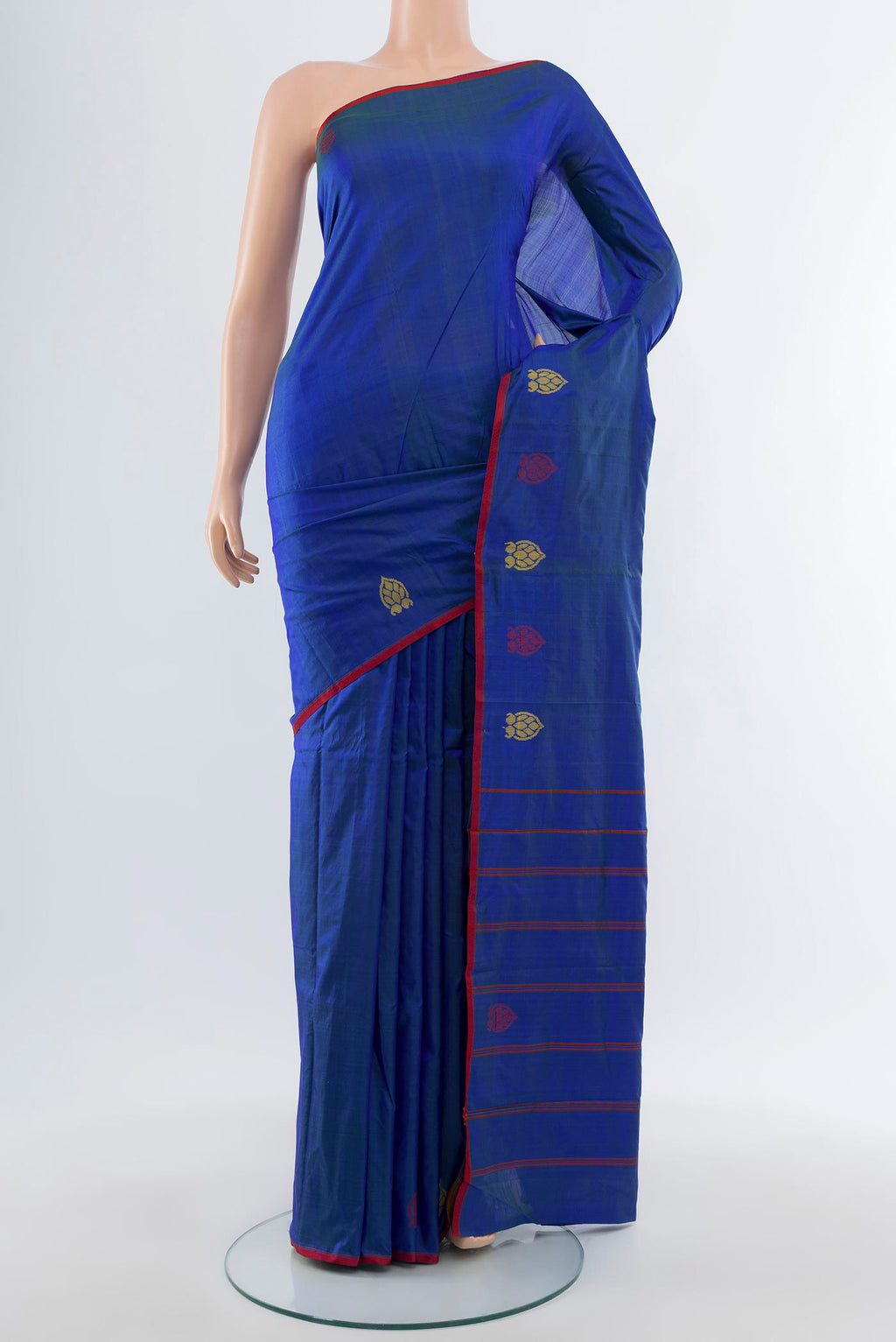 Royal Blue Kanchipuram Silk Saree with Plain Body and Thread Border.  displayed on a mannequin