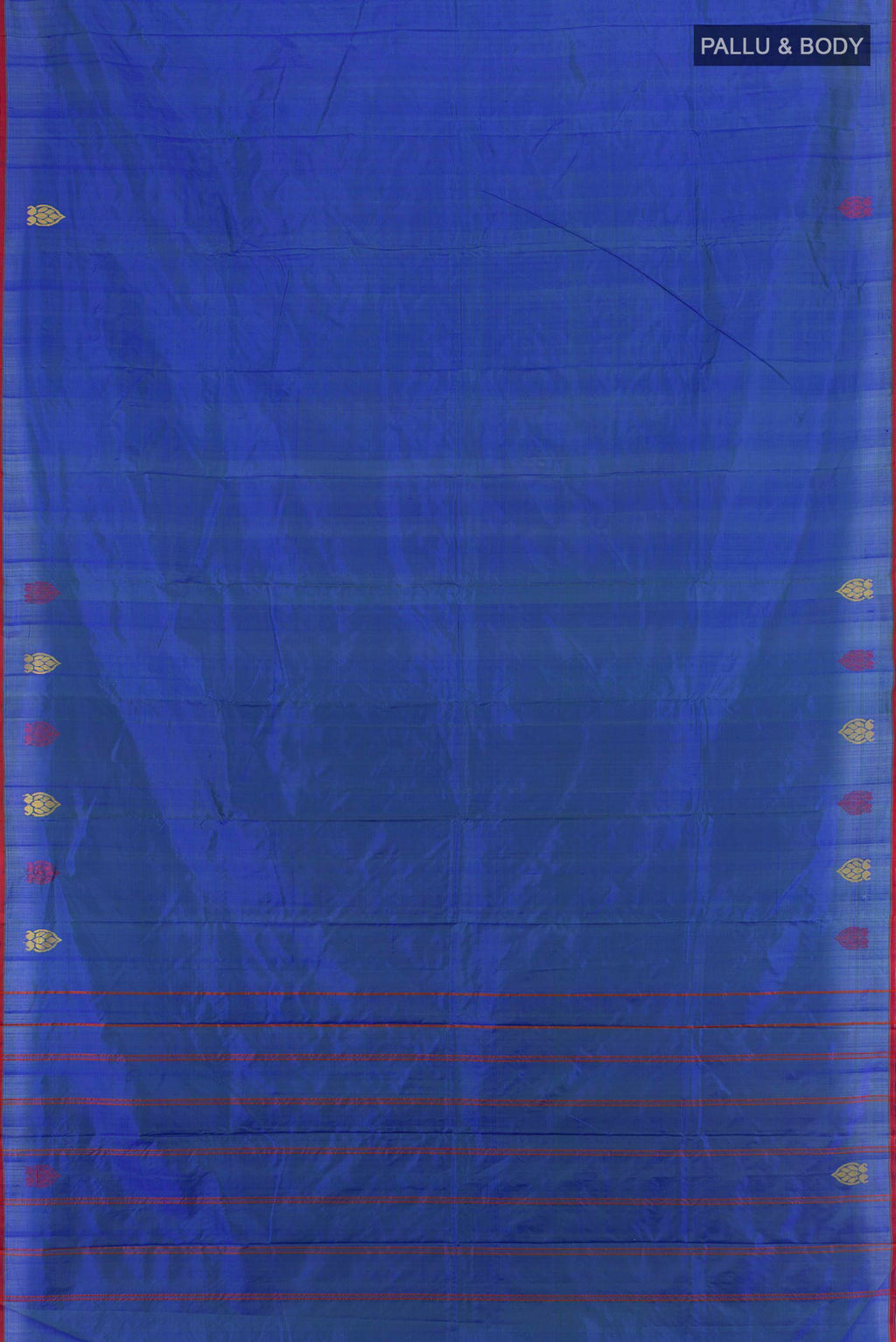 Flat view of Royal Blue Kanchipuram Silk Saree with Plain Body and Thread Border. 