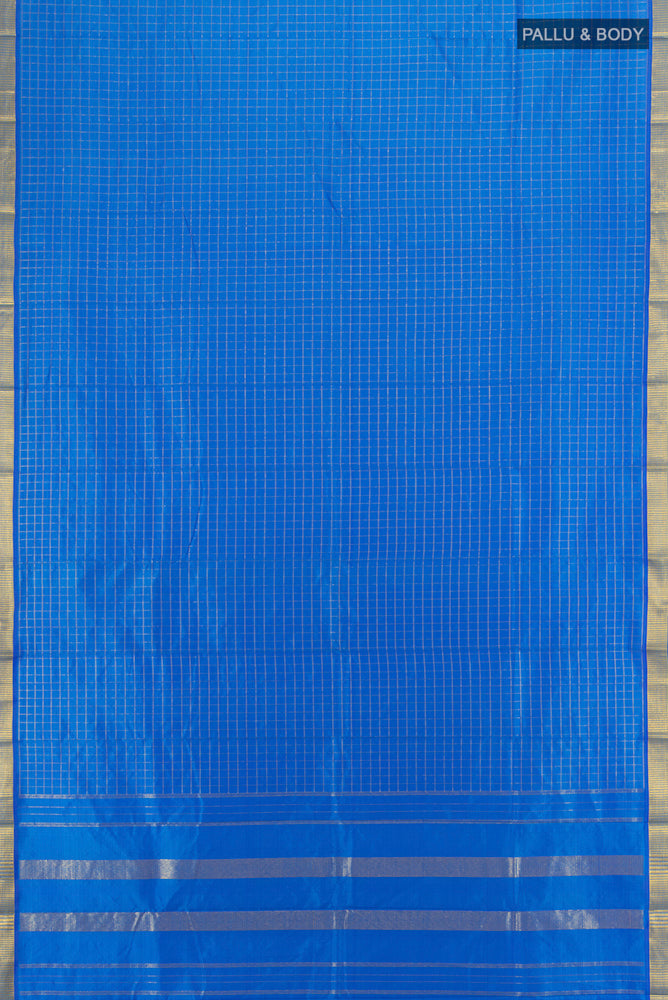 Flat view of Light Blue Kanchipuram Silk Saree with Checked design on the body and Silk Border. 