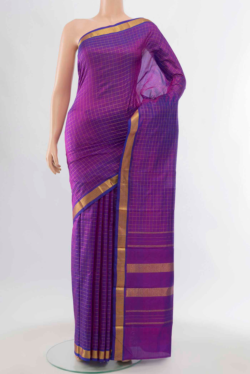 Purple Kanchipuram Silk Saree with Checked design on the body and Zari Border displayed on a mannequin