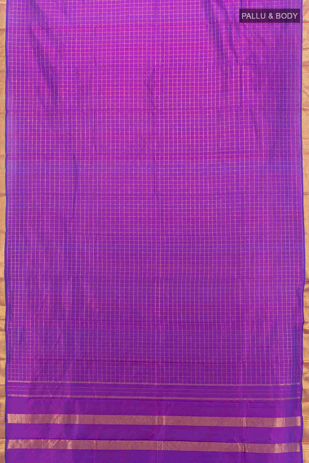 Flat view of Purple Kanchipuram Silk Saree with Checked design on the body and Zari Border