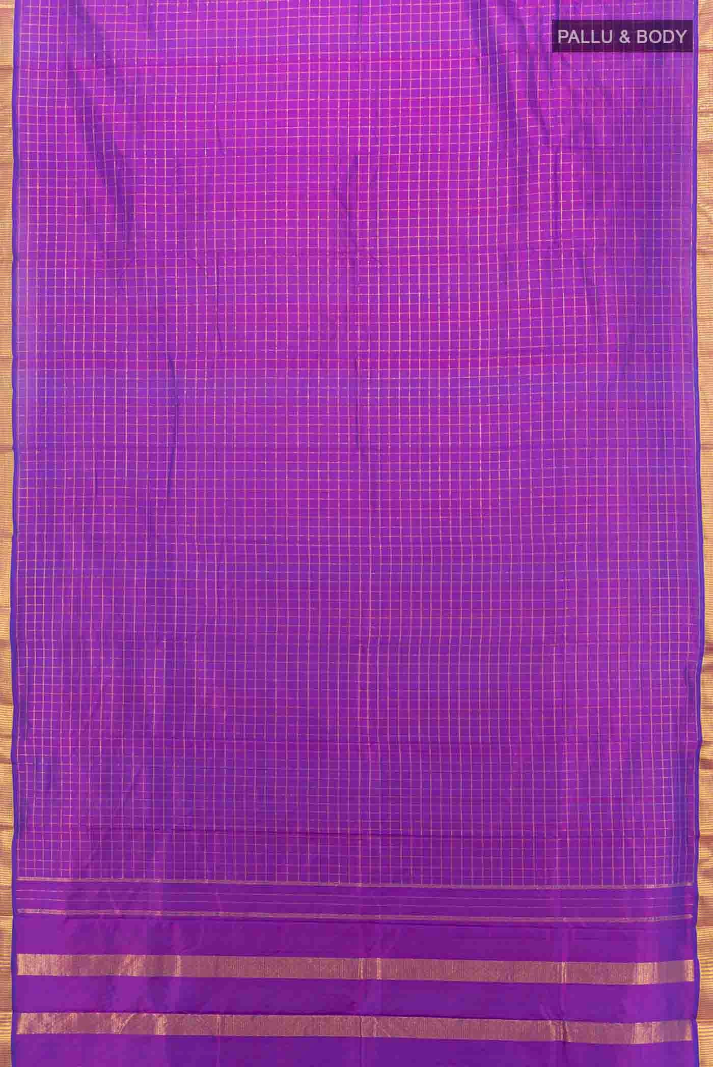Flat view of Purple Kanchipuram Silk Saree with Checked design on the body and Zari Border
