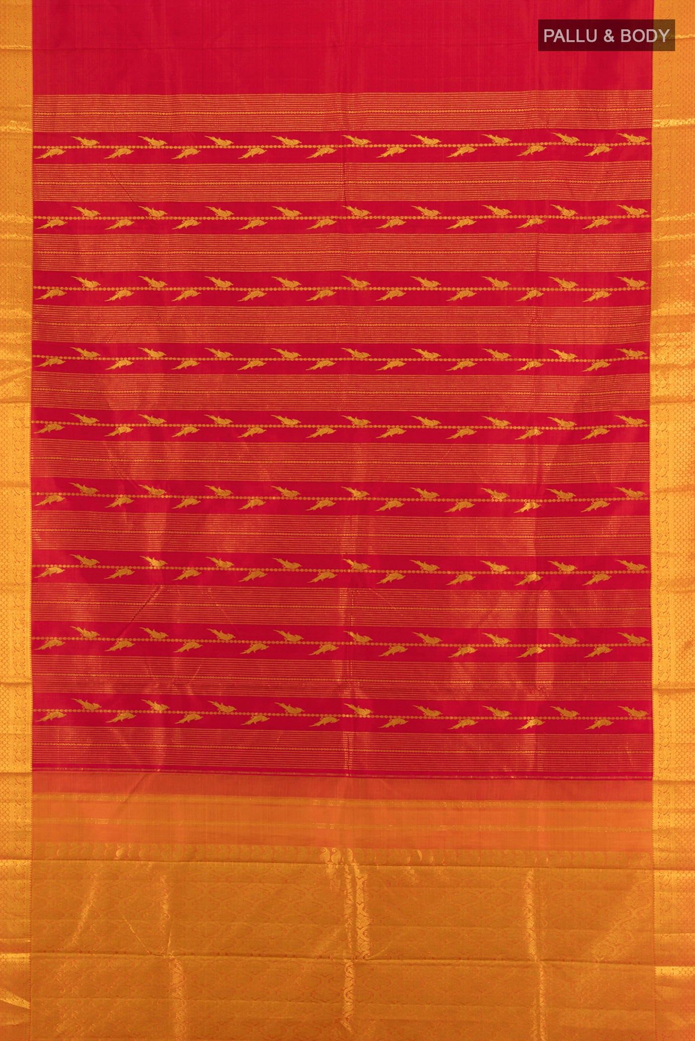 Flat view of Maroon Kanjivaram Silk Saree with Zari Butta on the body and Silk Border. 