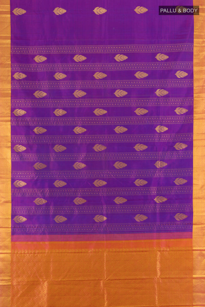 Flat view of Purple Kanjivaram Silk Saree with Zari Butta on the body and Silk Border. 