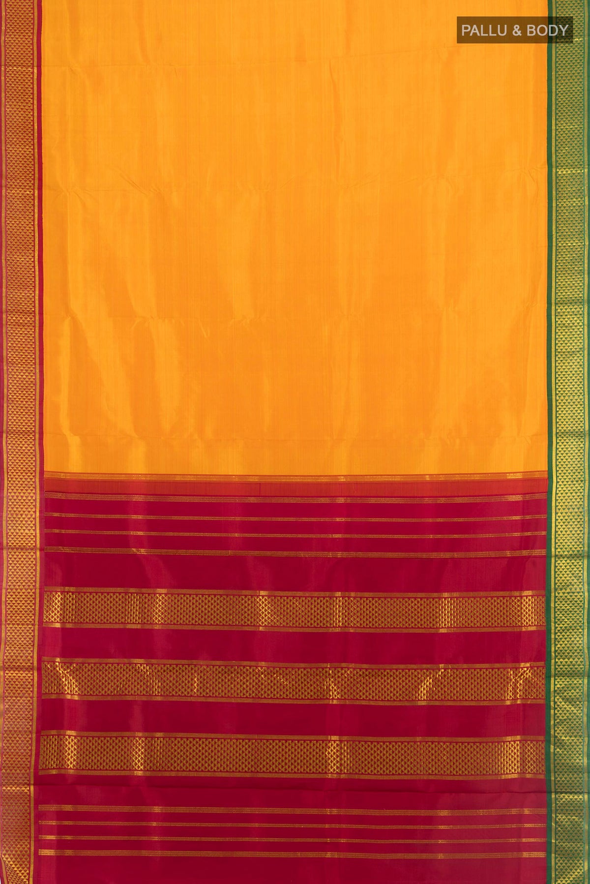 Flat view of Pure Silk Yellow Kanchipuram Nine Yards Saree with Plain Body and Ganga Jamuna Border. 