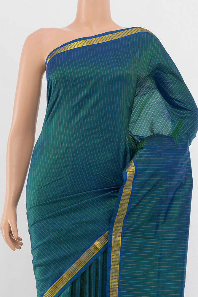 Border image of Peacock Blue Kanjivaram Silk Nine Yards Saree with Zari Butta on the body and Silk Border. 