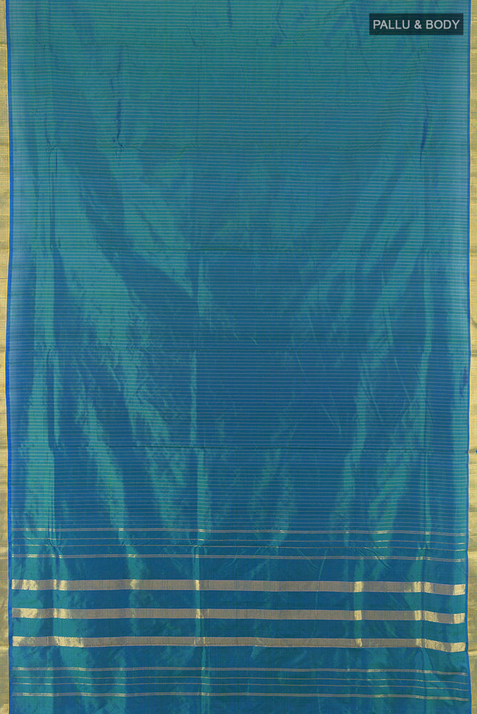 Flat view of Peacock Blue Kanjivaram Silk Nine Yards Saree with Zari Butta on the body and Silk Border. 