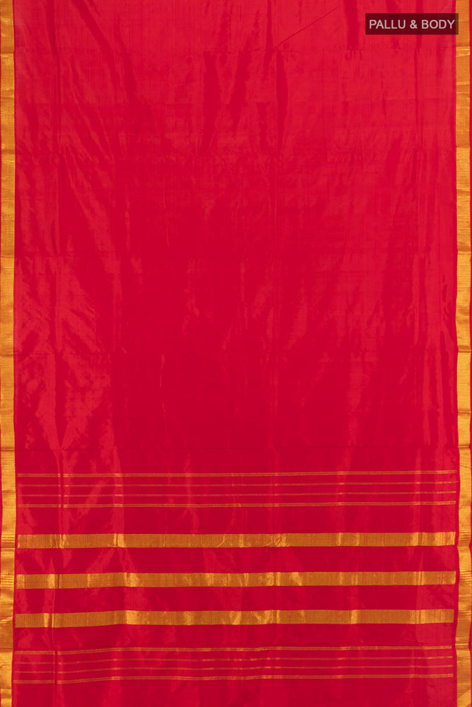 Flat view of Rust Kanjivaram Silk Nine Yards Saree with Plain Body and Silk Border. 