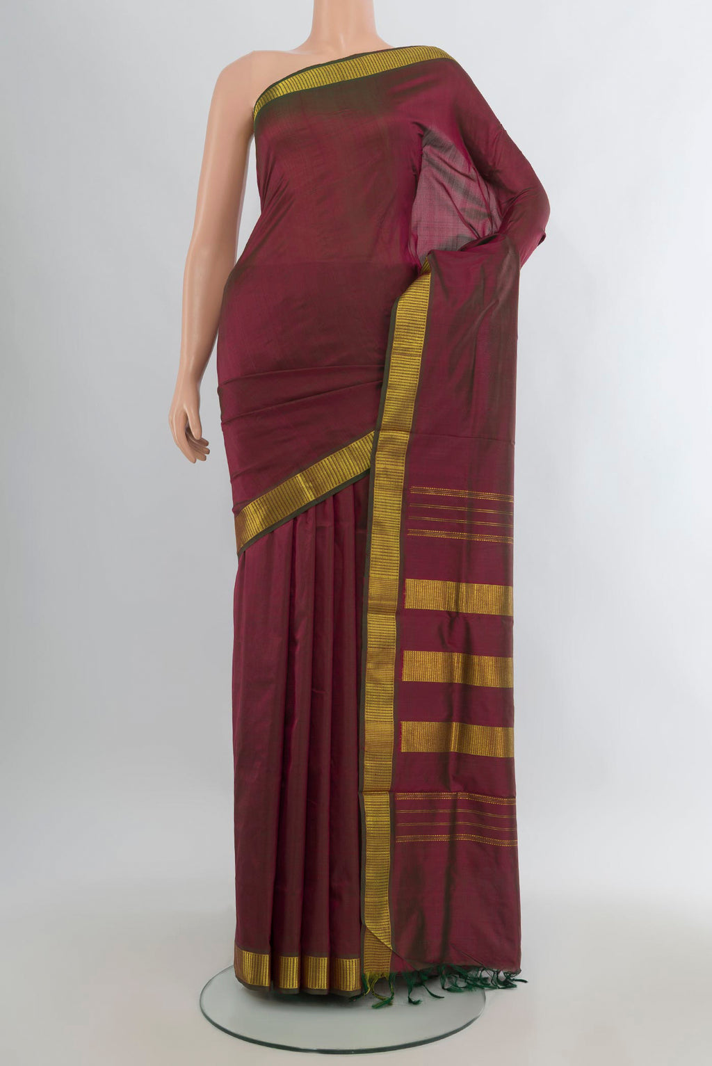 Pure Silk Maroon Dual Tone Kanjivaram Nine Yards Saree with Plain Body and Zari Border.  displayed on a mannequin