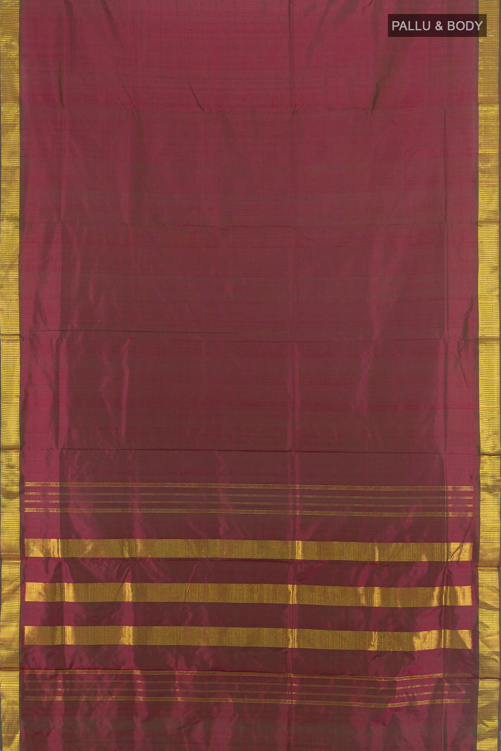 Flat view of Pure Silk Maroon Dual Tone Kanjivaram Nine Yards Saree with Plain Body and Zari Border. 