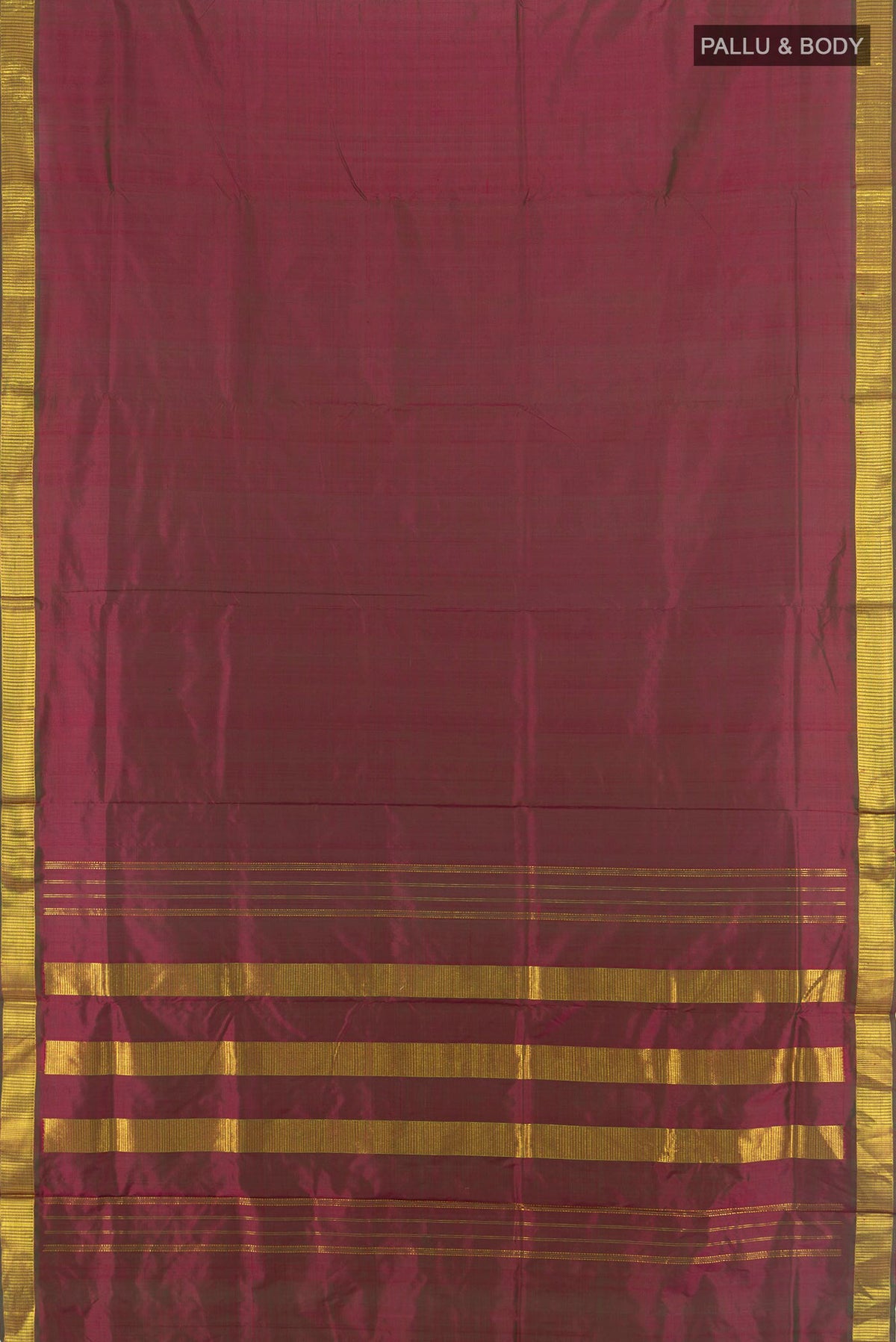 Flat view of Pure Silk Maroon Dual Tone Kanjivaram Nine Yards Saree with Plain Body and Zari Border. 