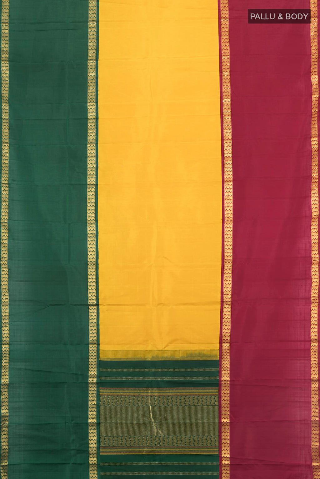Flat view of Yellow Kanjivaram Silk Saree with Plain Body and Ganga Jamuna Border. 