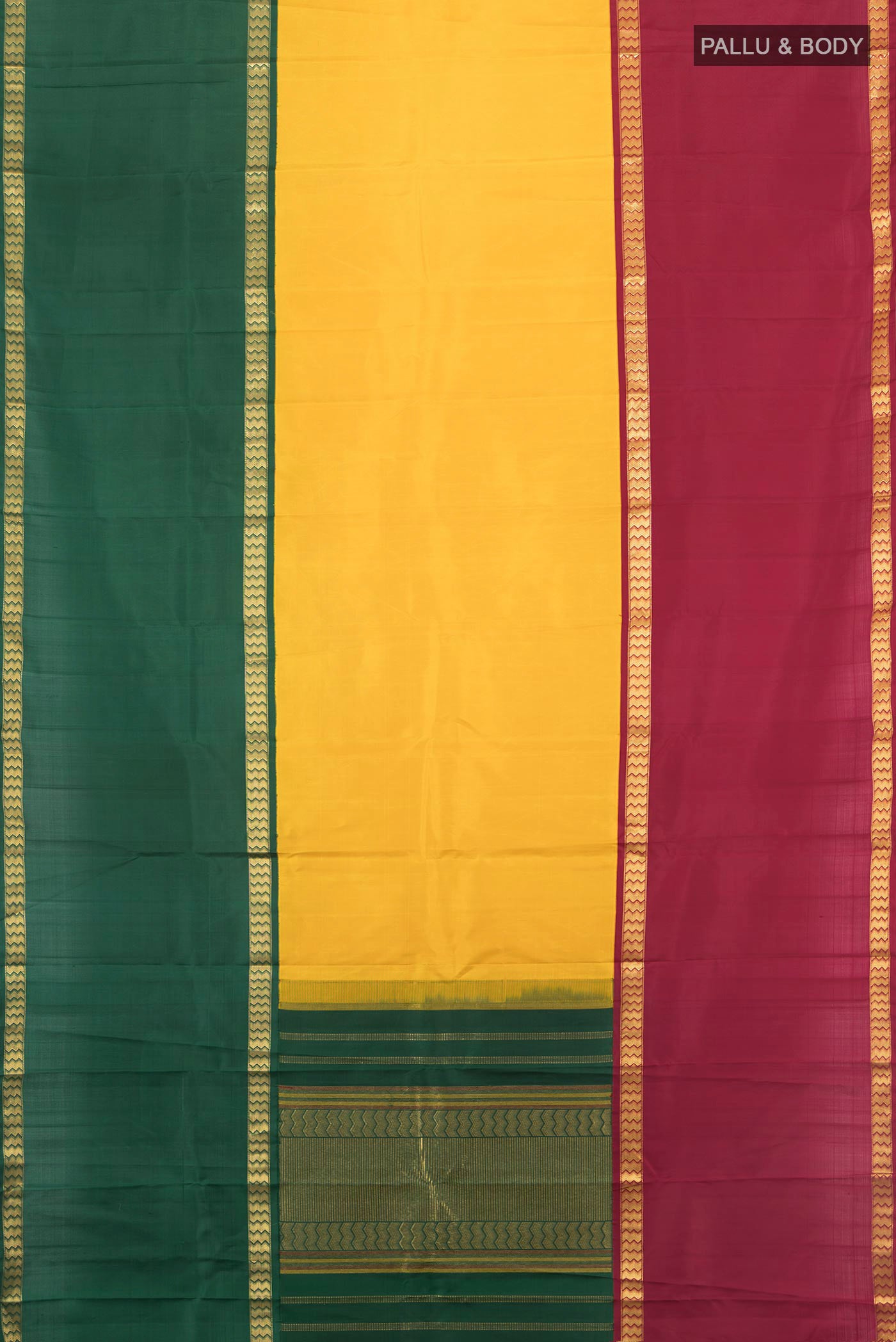 Flat view of Yellow Kanjivaram Silk Saree with Plain Body and Ganga Jamuna Border. 