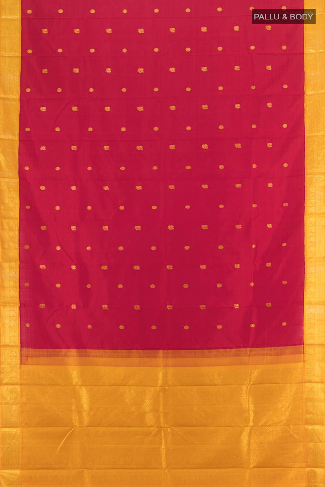 Flat view of Red Kanjivaram Silk Saree with Zari Brocade on the body and Silk Border. 