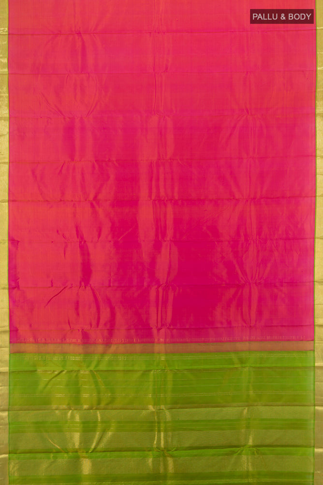 Flat view of Golden Peach Kanjivaram Silk Saree with Zari Brocade on the body and Silk Border. 