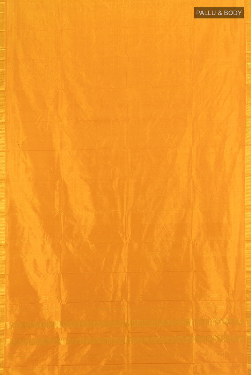 Flat view of Yellow Kanjivaram Silk Saree with Plain Body and Zari Border. 