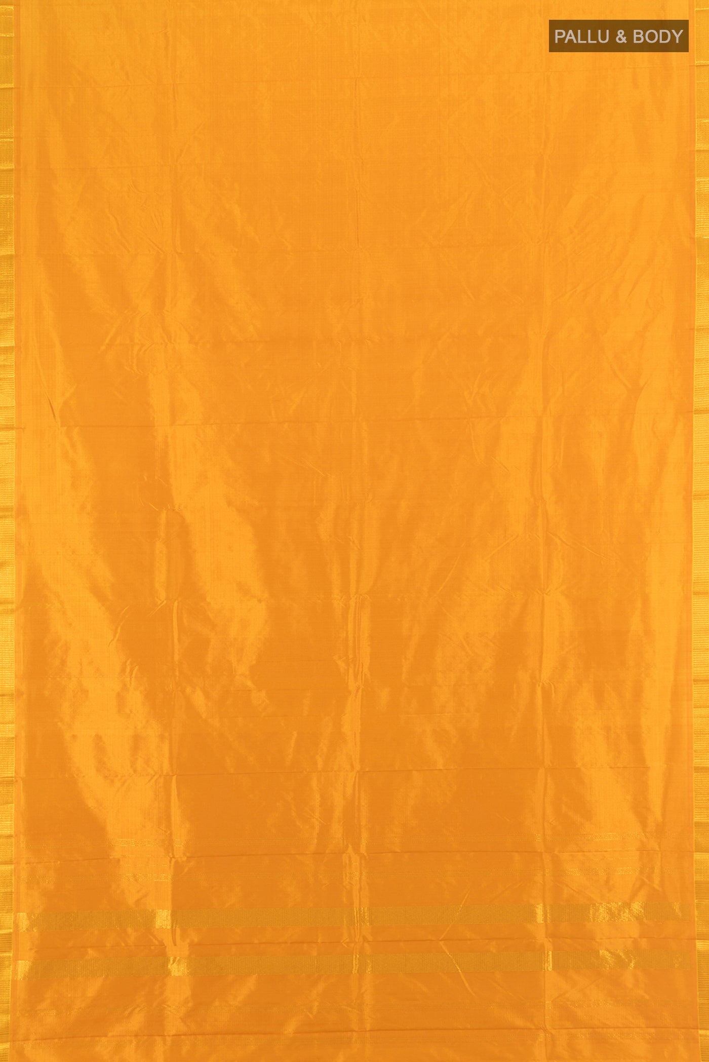 Flat view of Yellow Kanjivaram Silk Saree with Plain Body and Zari Border. 