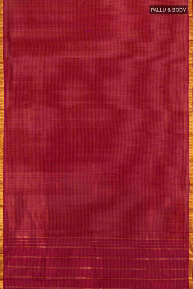 Flat view of Maroon Kanjivaram Silk Saree with Checked design on the body and Silk Border. 