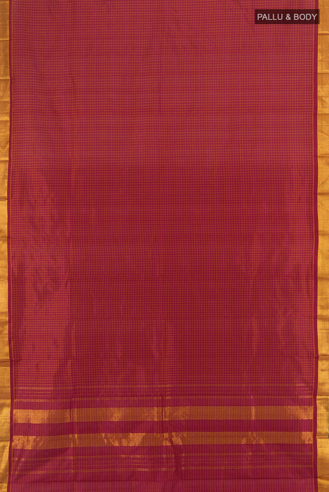 Flat view of Maroon Kanchipuram Silk Saree with Checked design on the body and Silk Border. 