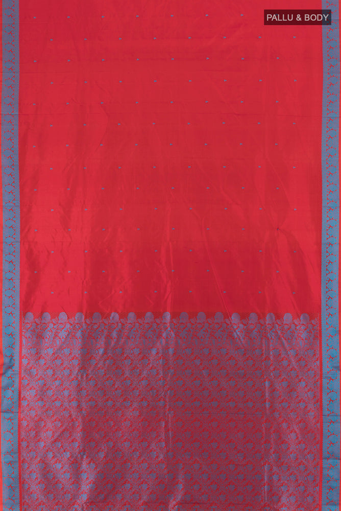 Flat view of Pure Silk Pure Zari Maroon Kanjivaram Saree with Jacquard With Thread Butta on the body and Silk Border. 