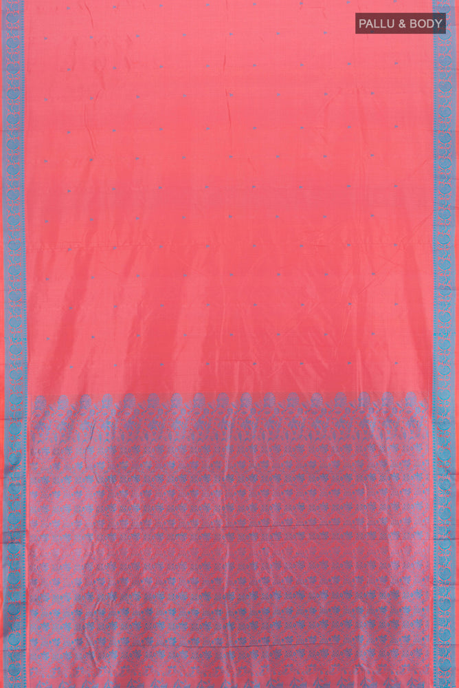 Flat view of Peach Kanjivaram Silk Saree with Zari Butta on the body and Silk Border. 