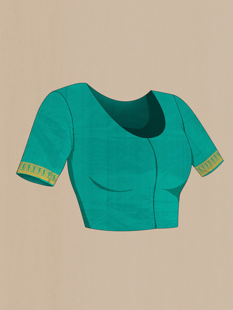 Close up image of the blouse of Pure Silk Pure Zari Light Blue Kanjivaram Saree with Jacquard With Thread Butta on the body and Silk Border. 