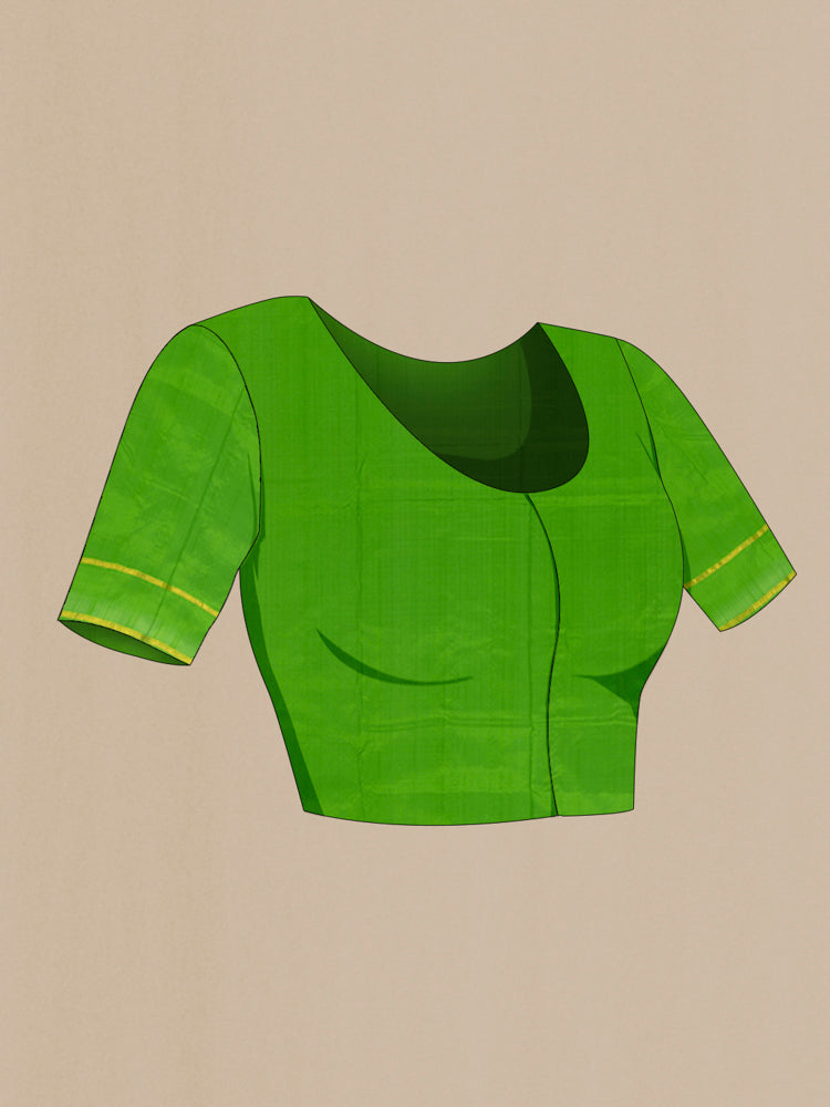 Close up image of the blouse of Parrot Green Kanchipuram Silk Saree with Zari Butta on the body and Silk Border. 