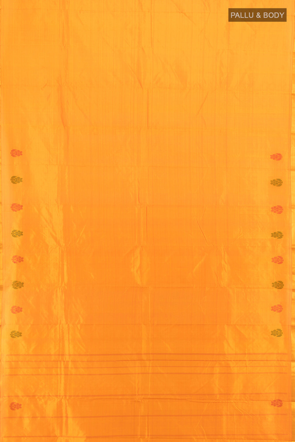 Flat view of Yellow Kanchipuram Silk Saree with Plain Body and Zari Border. 