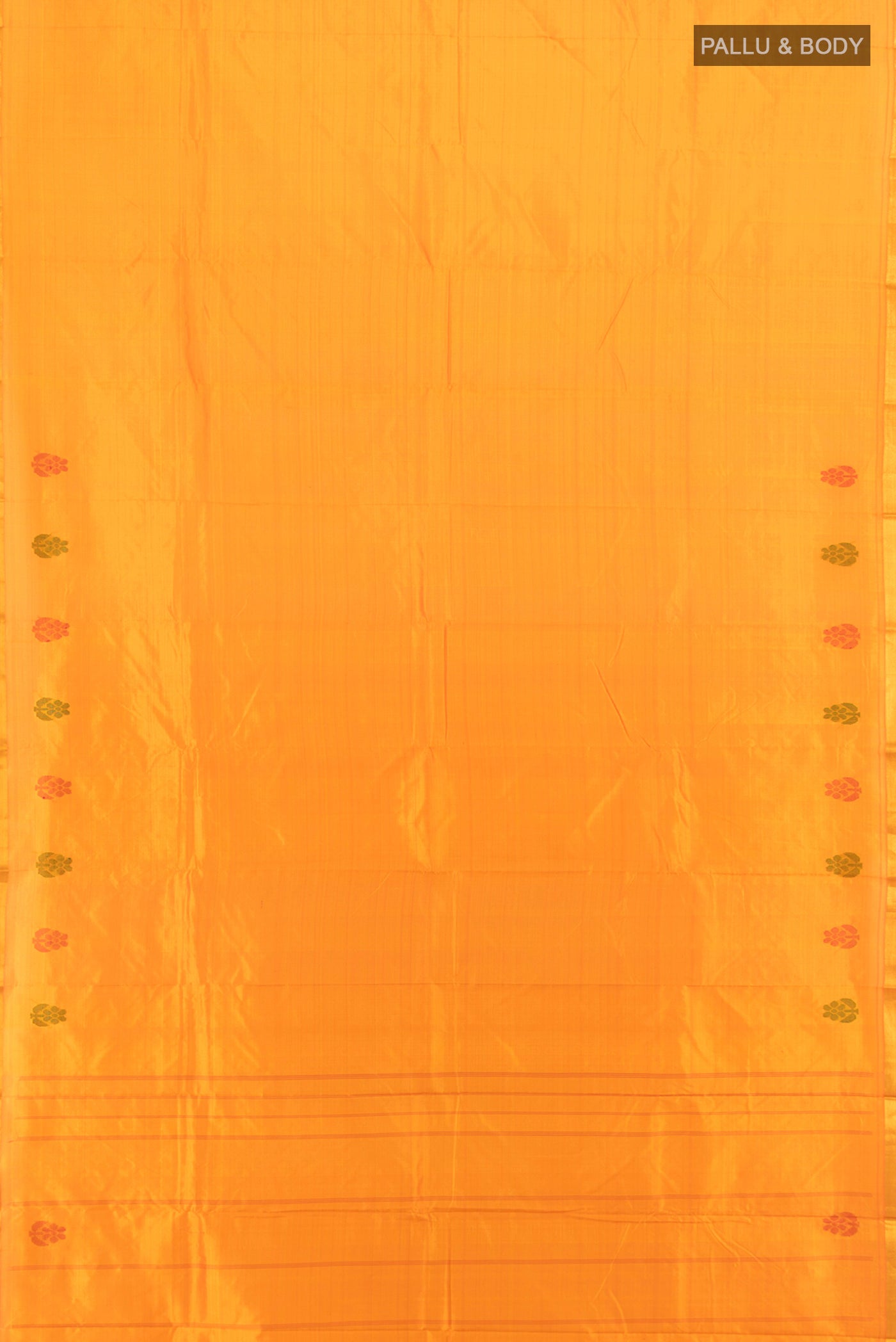 Flat view of Yellow Kanchipuram Silk Saree with Plain Body and Zari Border. 