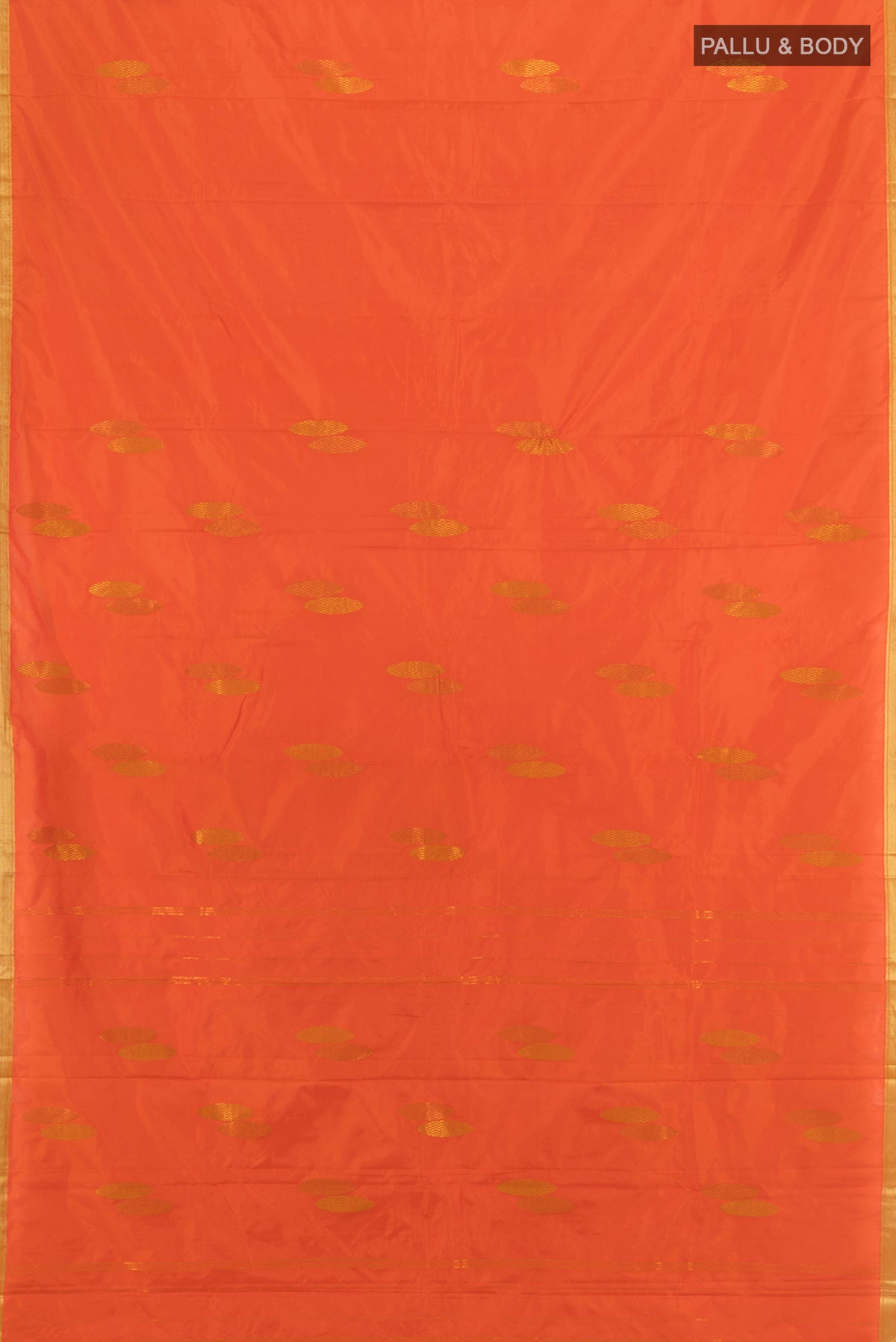 Flat view of Orange Kanjivaram Silk Saree with Thread Butta on the body and Zari Border. 