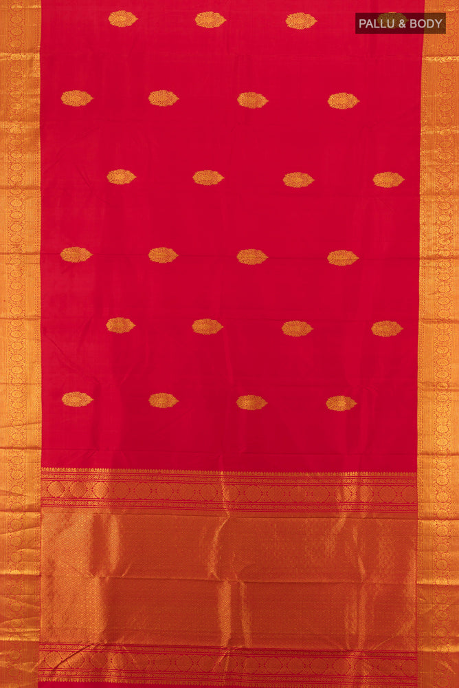 Flat view of Red Kanchipuram Silk Saree with Zari Butta on the body and Silk Border. 