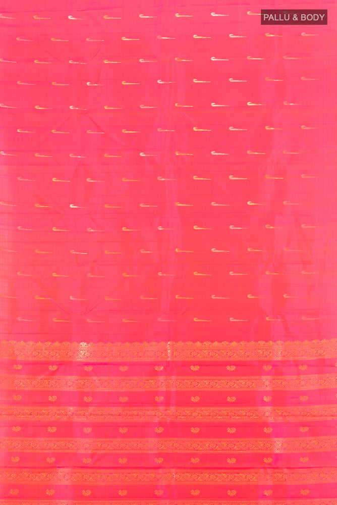Flat view of Pure Silk Pure Zari Peach Kanchipuram Saree with Zari Butta on the body and Silk Border. 