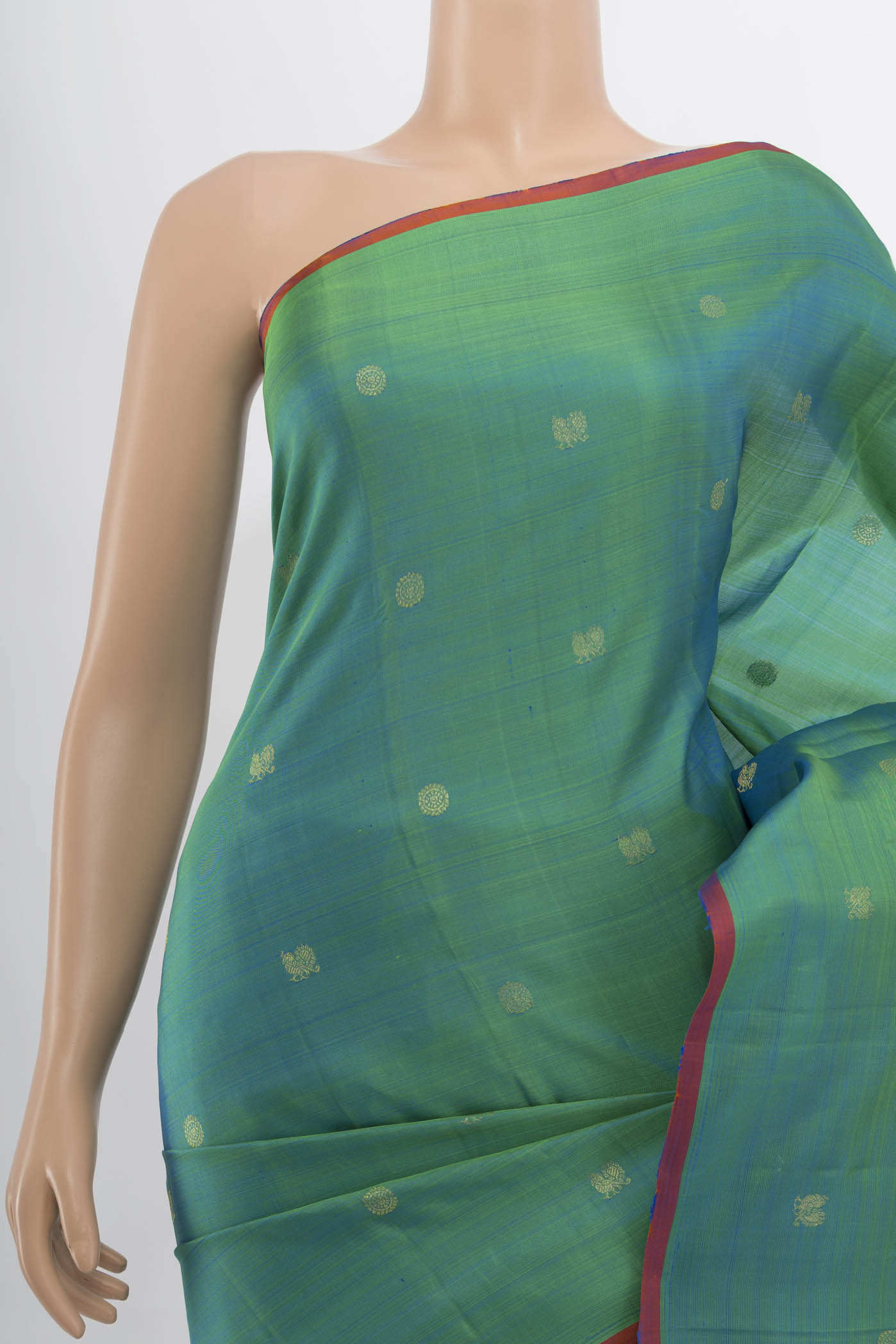 Border image of Peacock Blue Kanchipuram Silk Saree with Zari Butta on the body and Silk Border. 