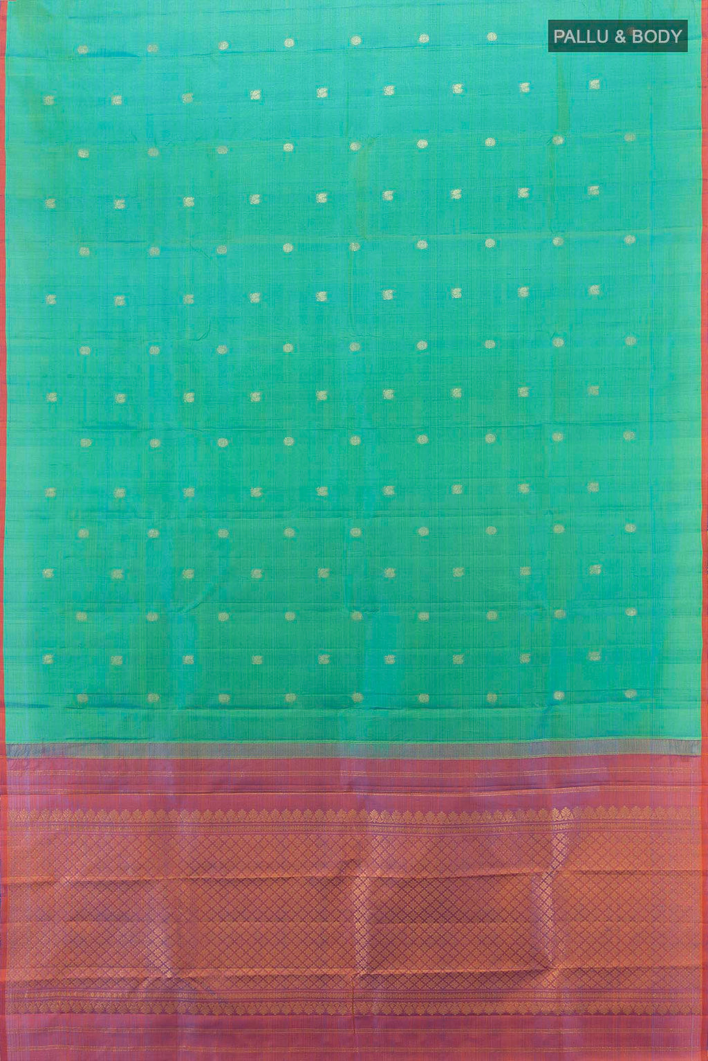 Flat view of Peacock Blue Kanchipuram Silk Saree with Zari Butta on the body and Silk Border. 