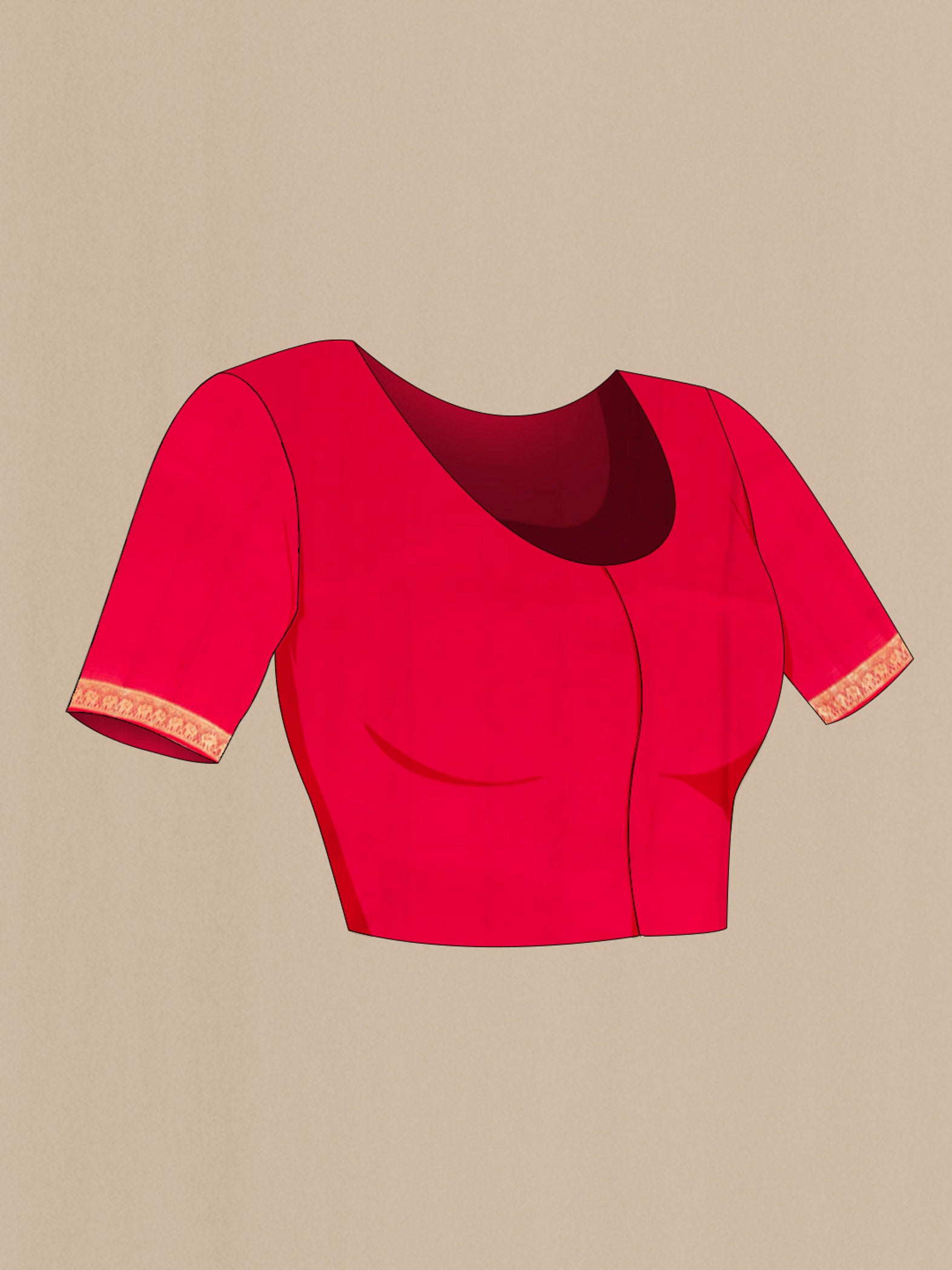 Close up image of the blouse of Red Kanchipuram Silk Saree with Zari Butta on the body and Silk Border. 