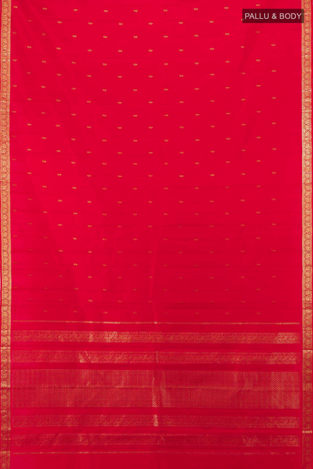 Flat view of Red Kanchipuram Silk Saree with Zari Butta on the body and Silk Border. 