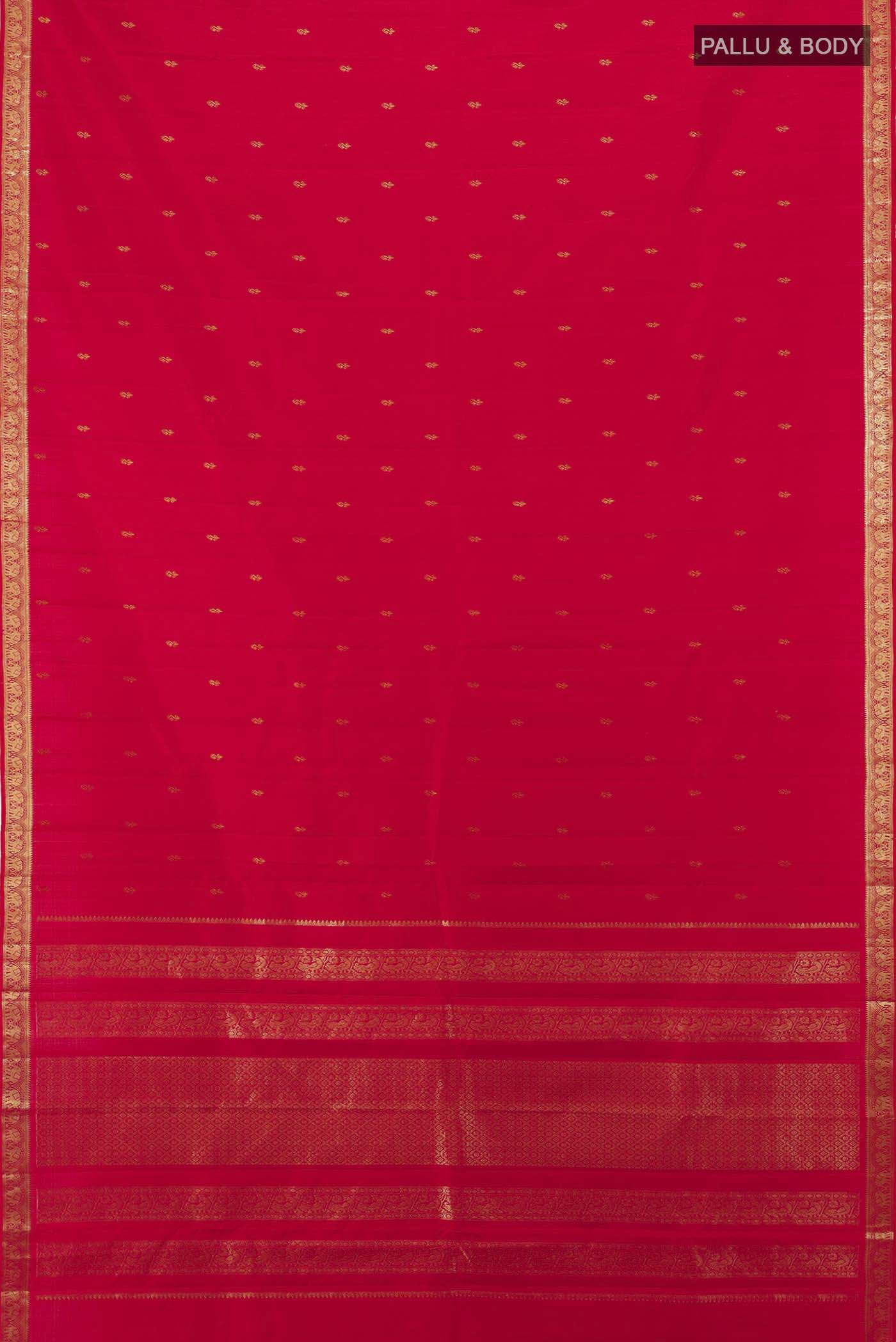 Flat view of Red Kanchipuram Silk Saree with Zari Butta on the body and Silk Border. 