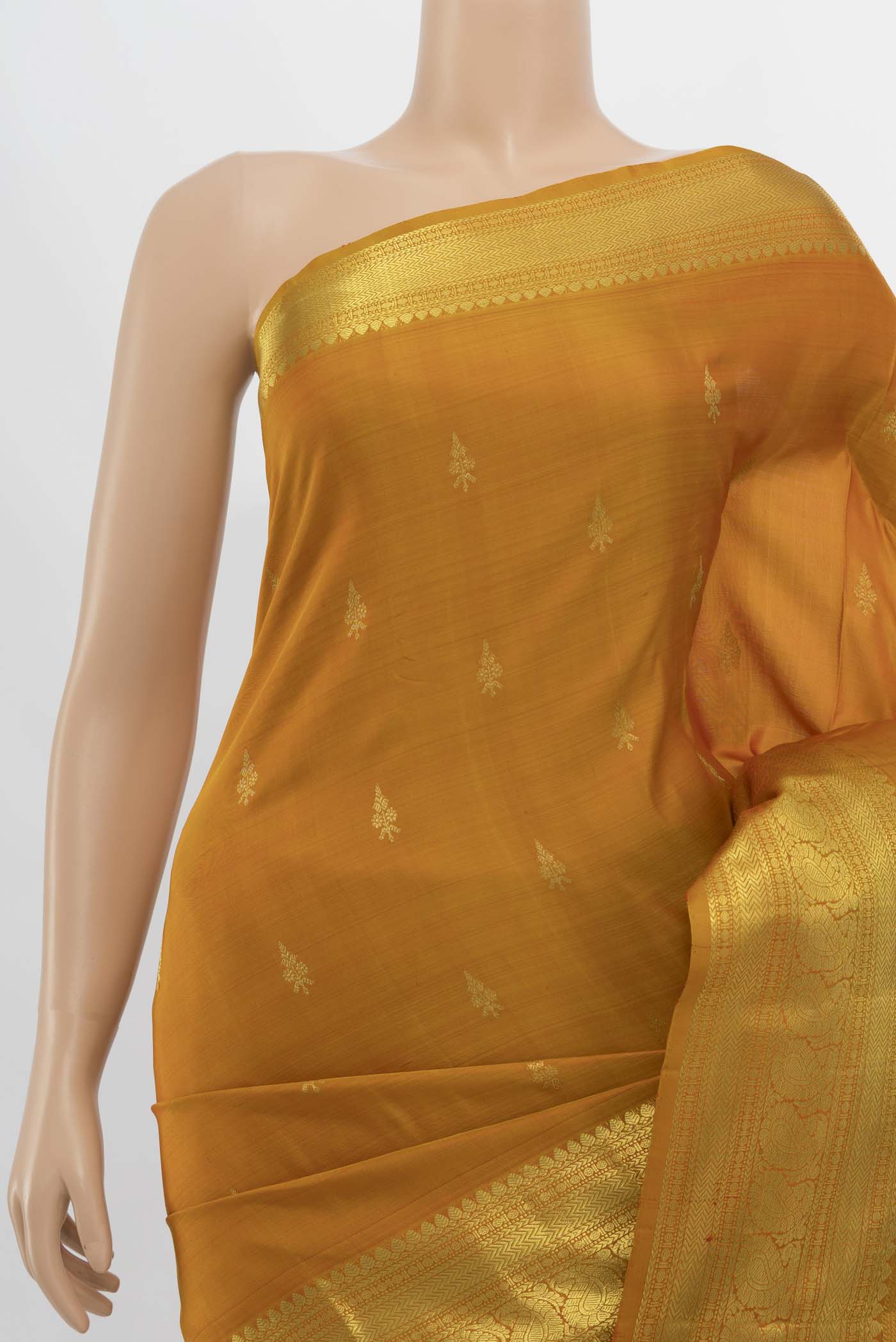 Border image of Mustard Kanchipuram Silk Saree with Zari Butta on the body and Silk Border. 