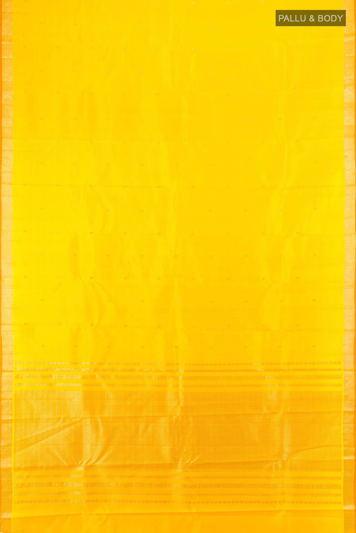 Flat view of Yellow Kanchipuram Silk Saree with Zari Butta on the body and Silk Border. 