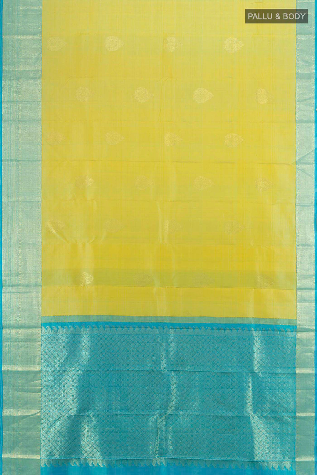 Flat view of Light Green Kanchipuram Silk Saree with Zari Butta on the body and Silk Border. 