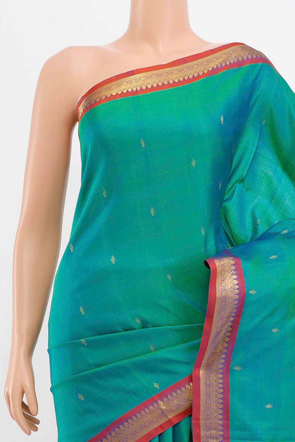 Border image of Peacock Blue Kanchipuram Silk Saree with Zari Butta on the body and Silk Border. 