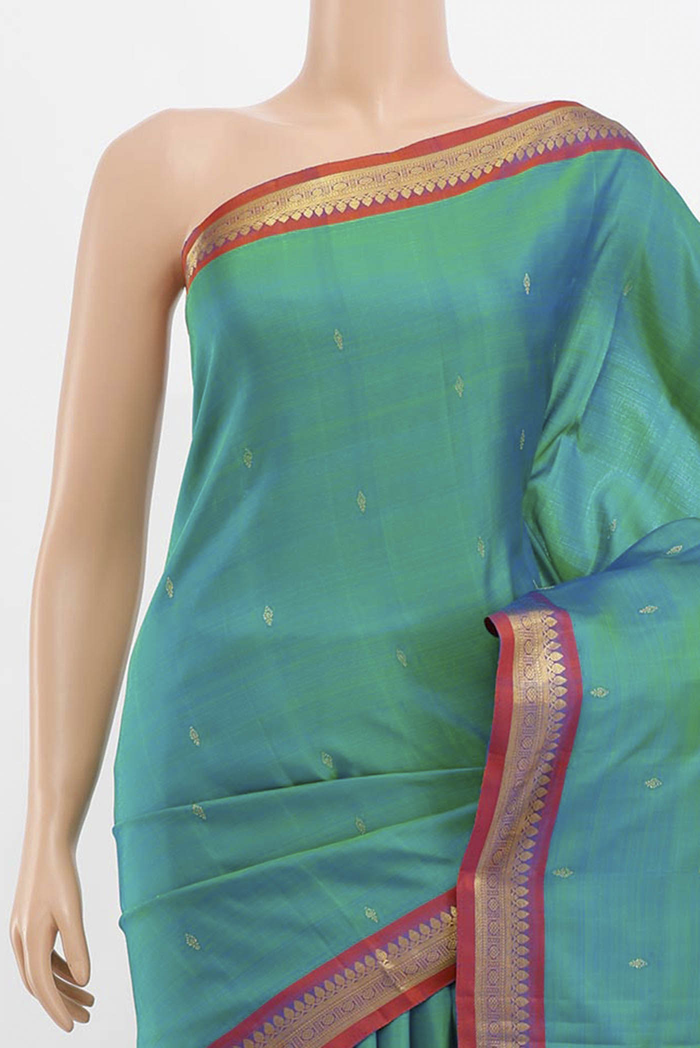 Border image of Peacock Blue Kanchipuram Silk Saree with Zari Butta on the body and Silk Border. 