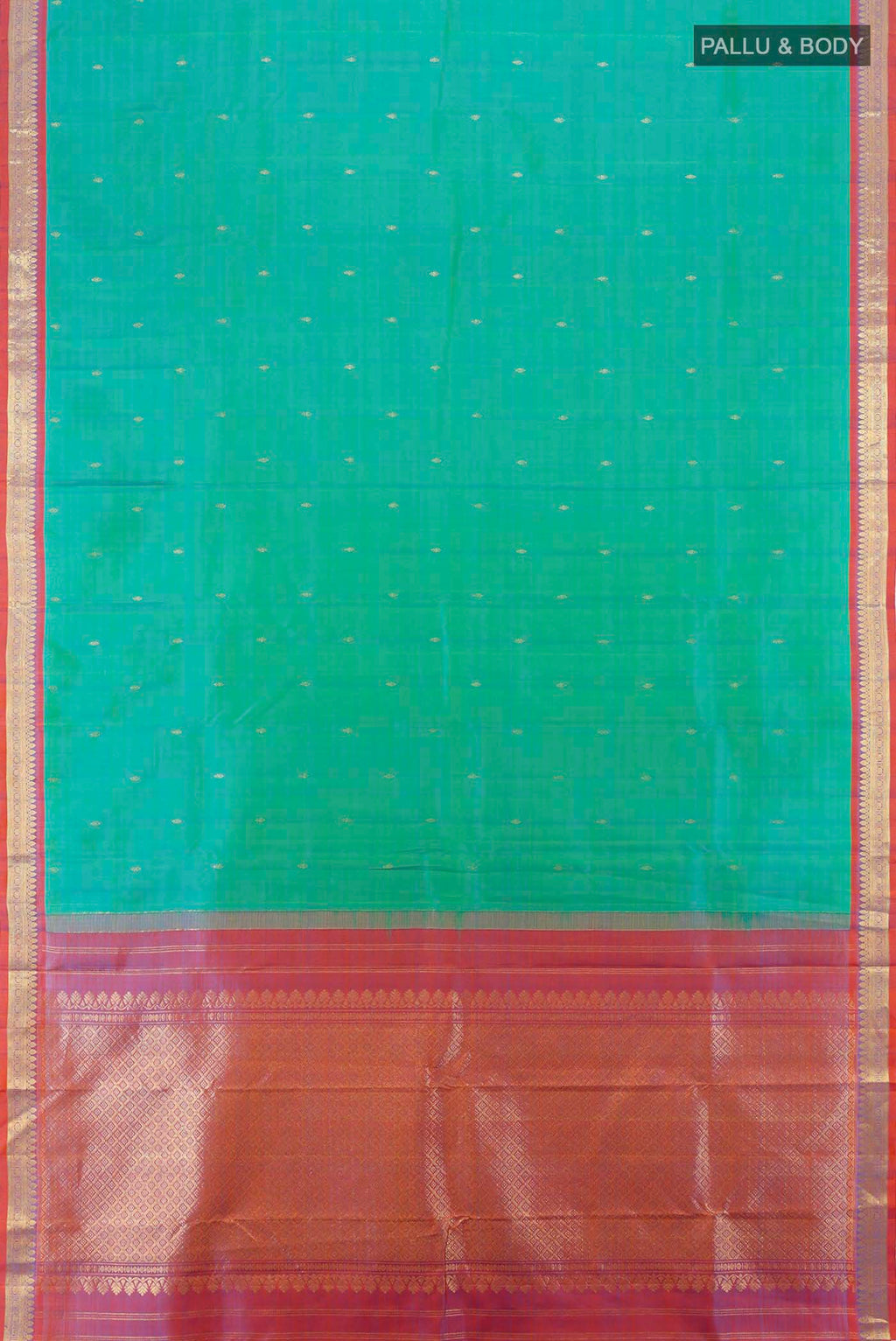 Flat view of Peacock Blue Kanchipuram Silk Saree with Zari Butta on the body and Silk Border. 