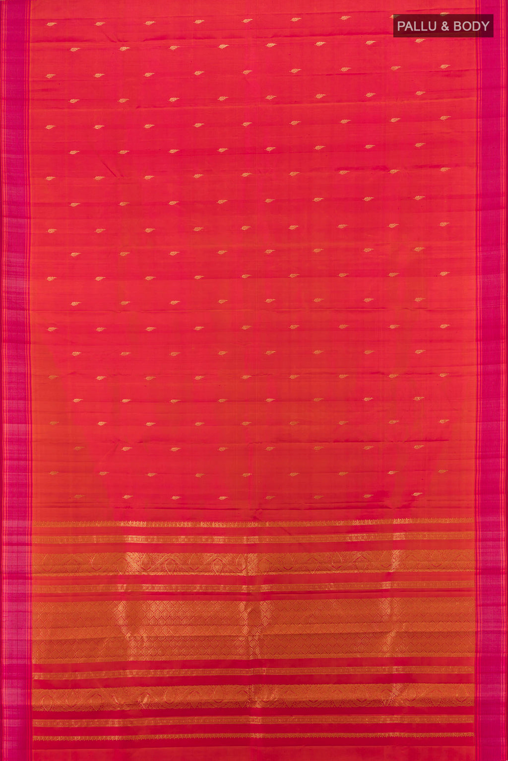 Flat view of Imperial Pink Kanchipuram Silk Saree with Zari Butta on the body and Silk Border. 