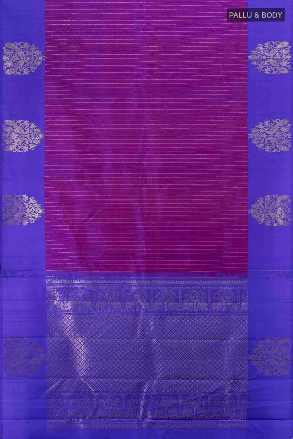 Flat view of Purple Kanchipuram Silk Saree with Zari Butta on the body and Silk Border