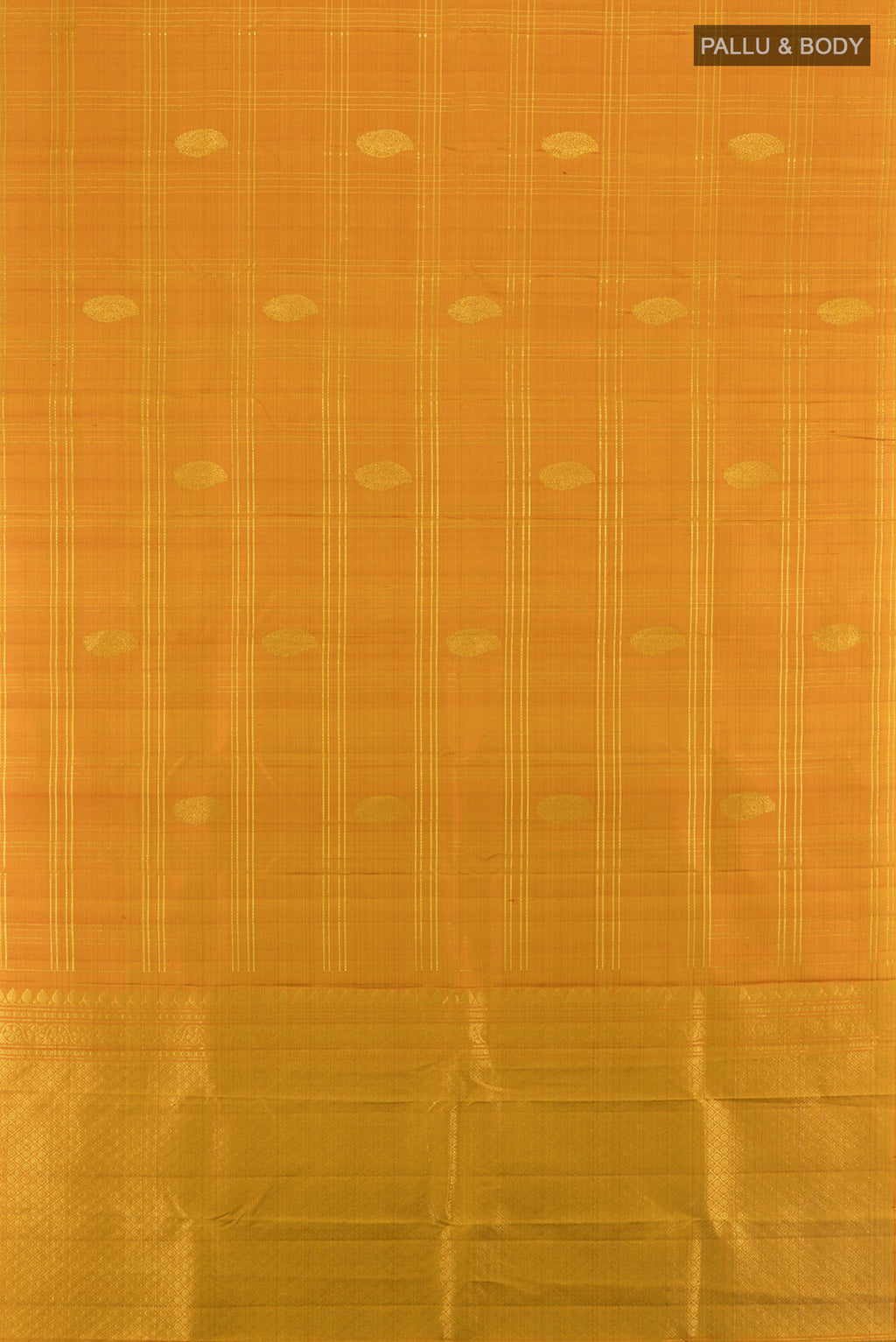 Flat view of Pure Silk Pure Zari Mustard Kanchipuram Saree with Zari Butta on the body and Silk Border. 