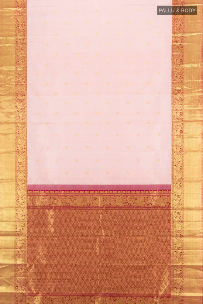 Flat view of Pure Silk Pure Zari Rose Gold Kanjivaram Saree with Zari Butta on the body and Silk Border. 